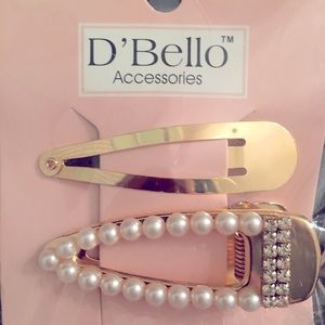 2 feminine hair clips, pearl rhinestone & gold